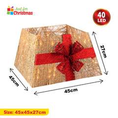 Foldable LED Santa Xmas Tree Skirt+ Glitter Ribbon+Bow (Gold)