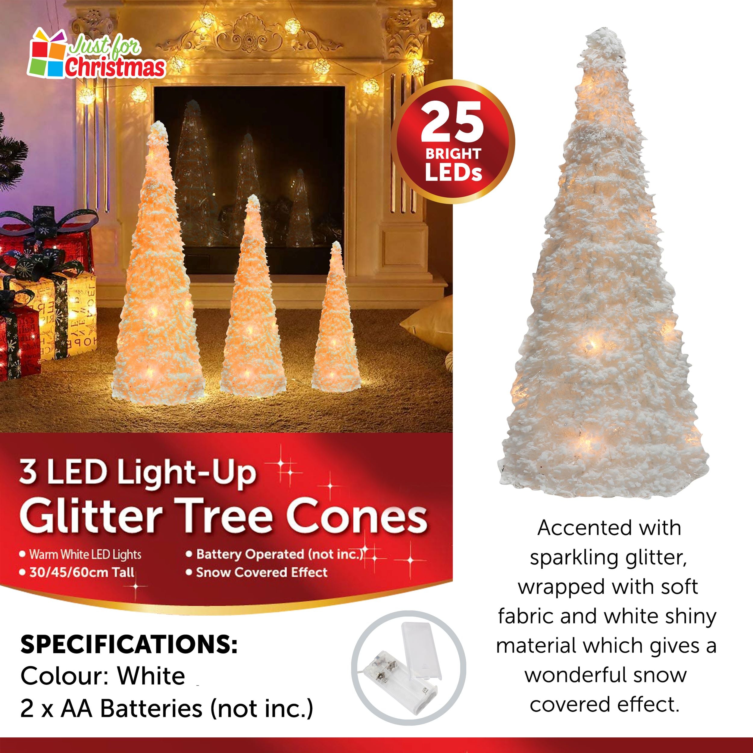 3 LED Light-Up Glitter Tree Cones