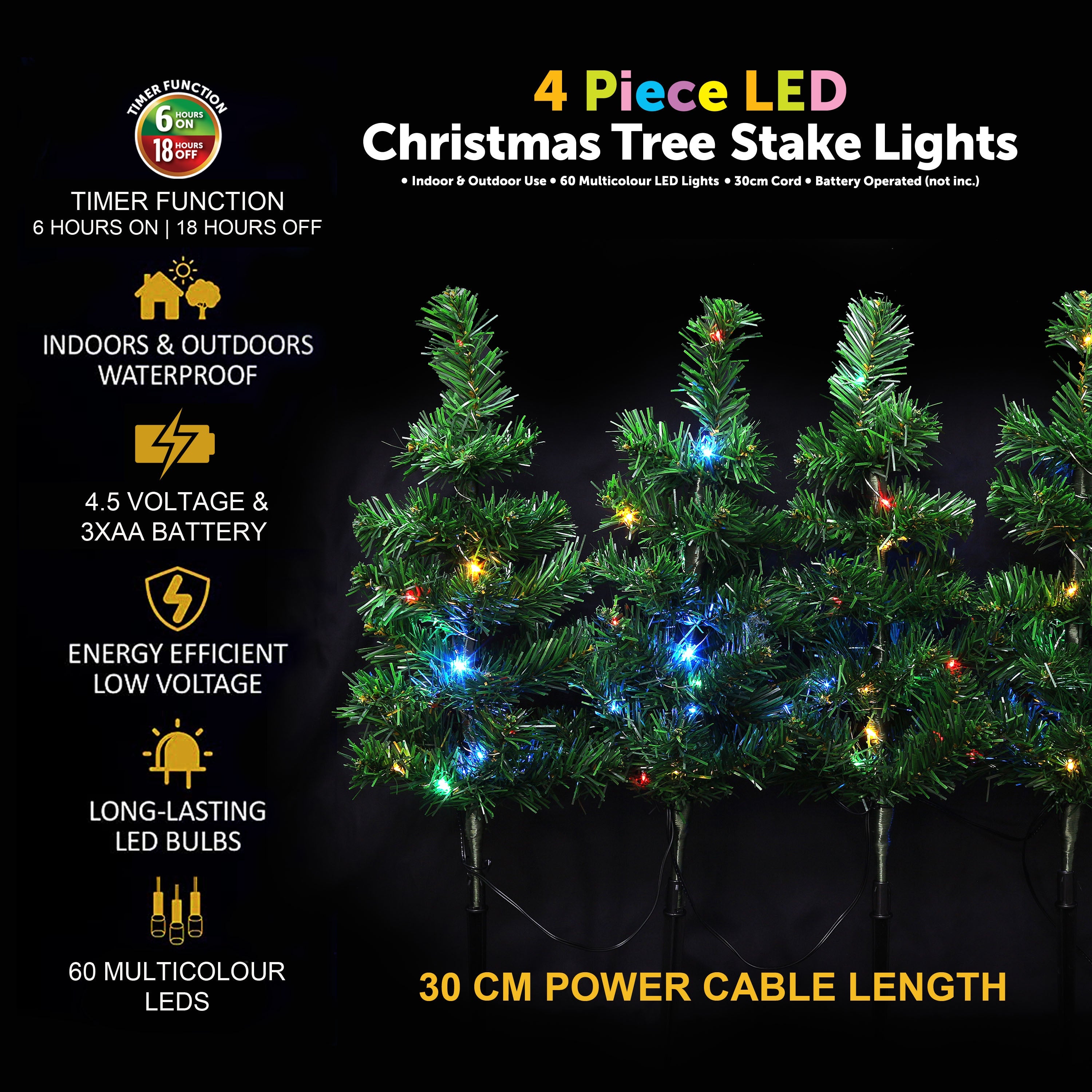 4 Piece Multicolour LED Christmas Tree Stake Lights