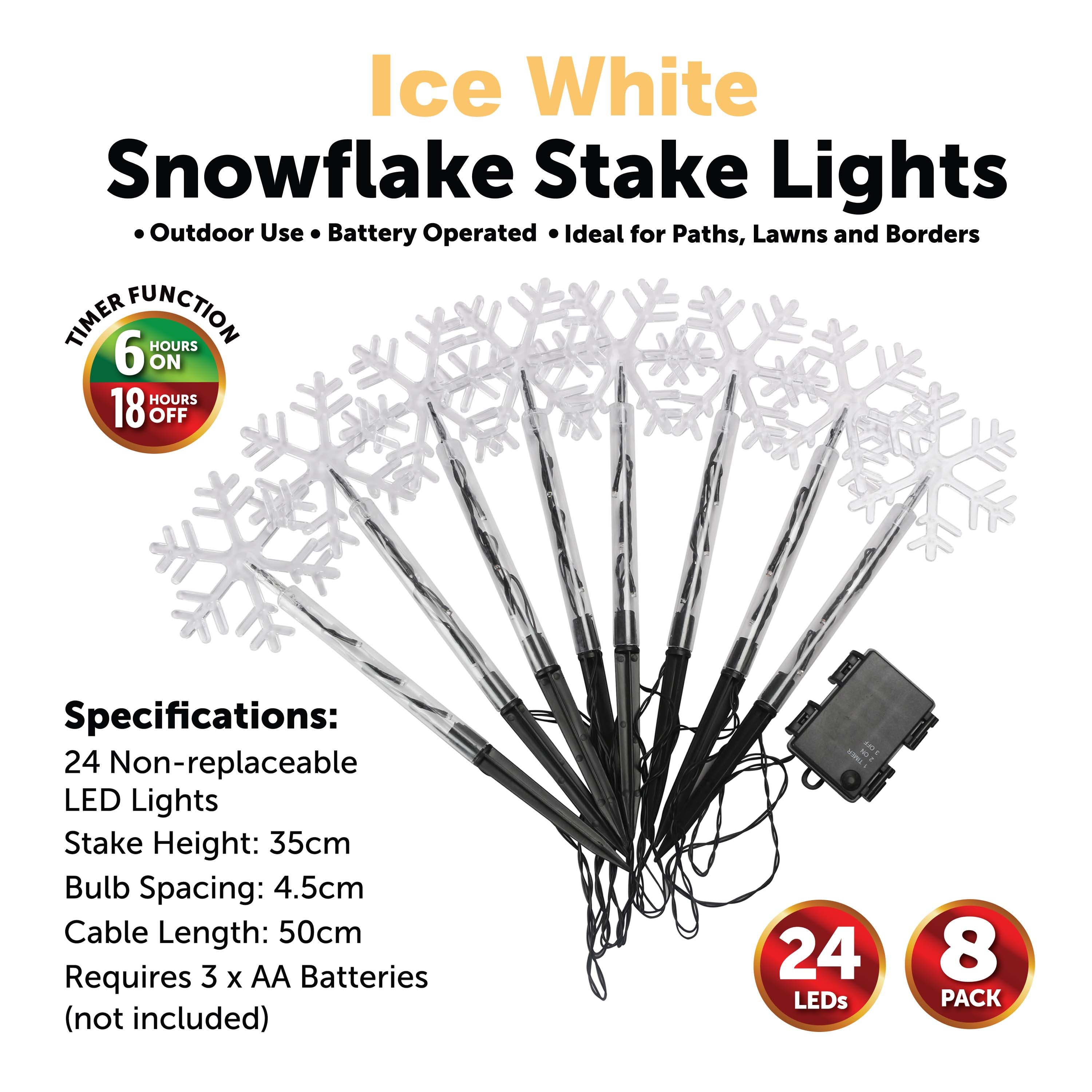 8PK LED Ice White Snowflake Stake Lights