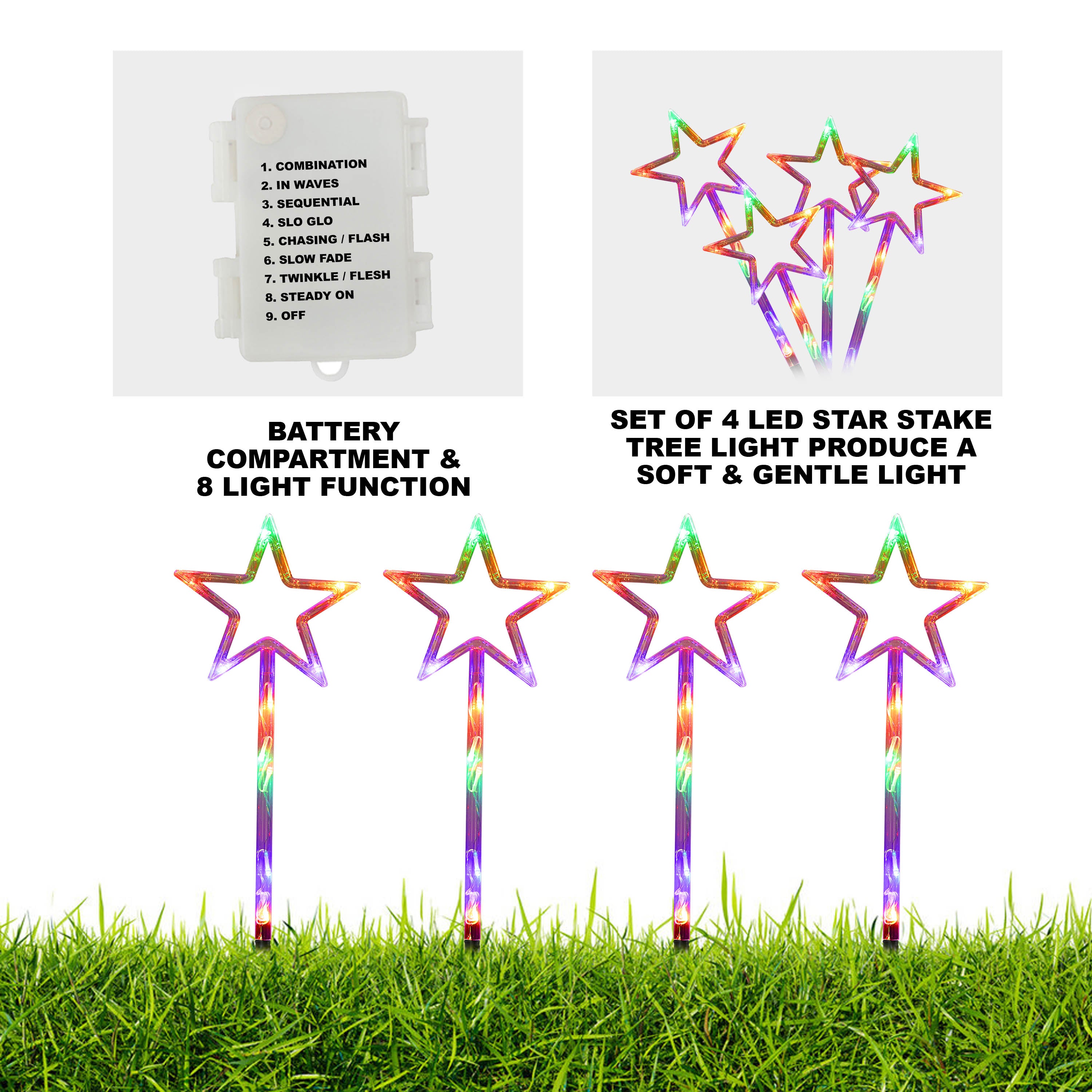 4 Piece LED Star Stake Multicolour Lights