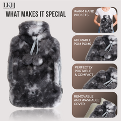 2 Litre Hot Water Bottle with Rabbit Fur Cover and Poms