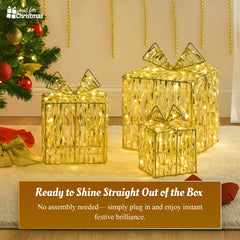 Christmas-3pc Metal Gift Box + Gold PVC Coating