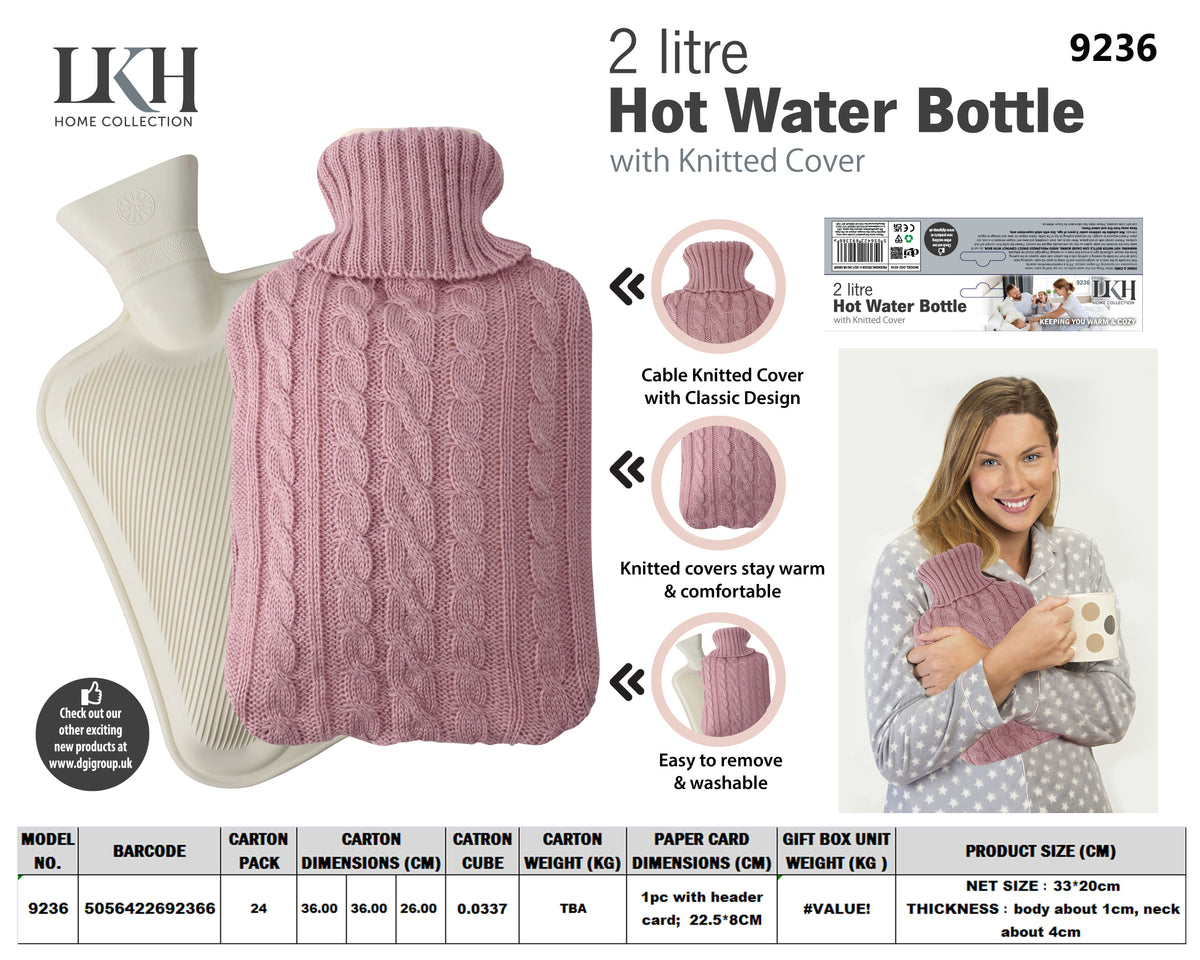 2L Hot Water Bottle with Knitted Cover & Front Pocket