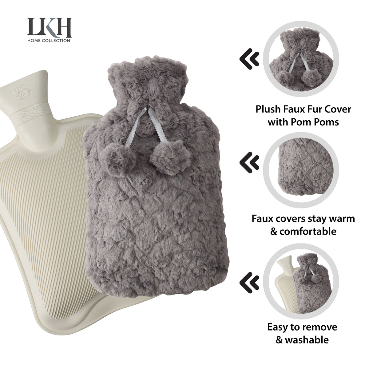 2L Hot Water Bottle with Faux Fur Cover & Pom Poms