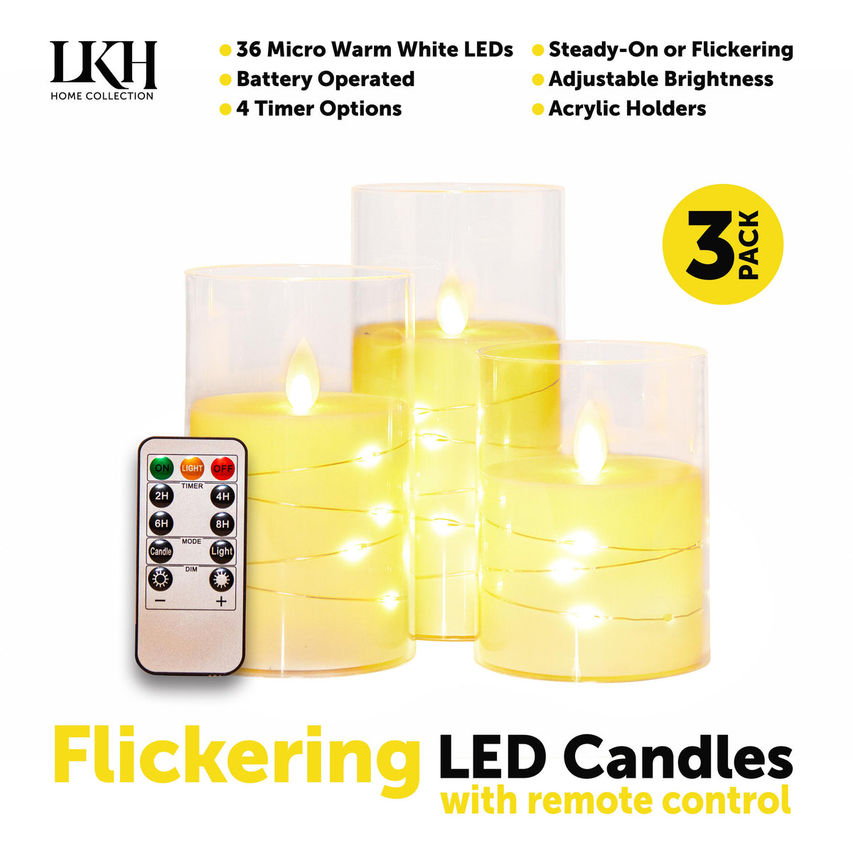 3PK Flickering LED Candles with Remote