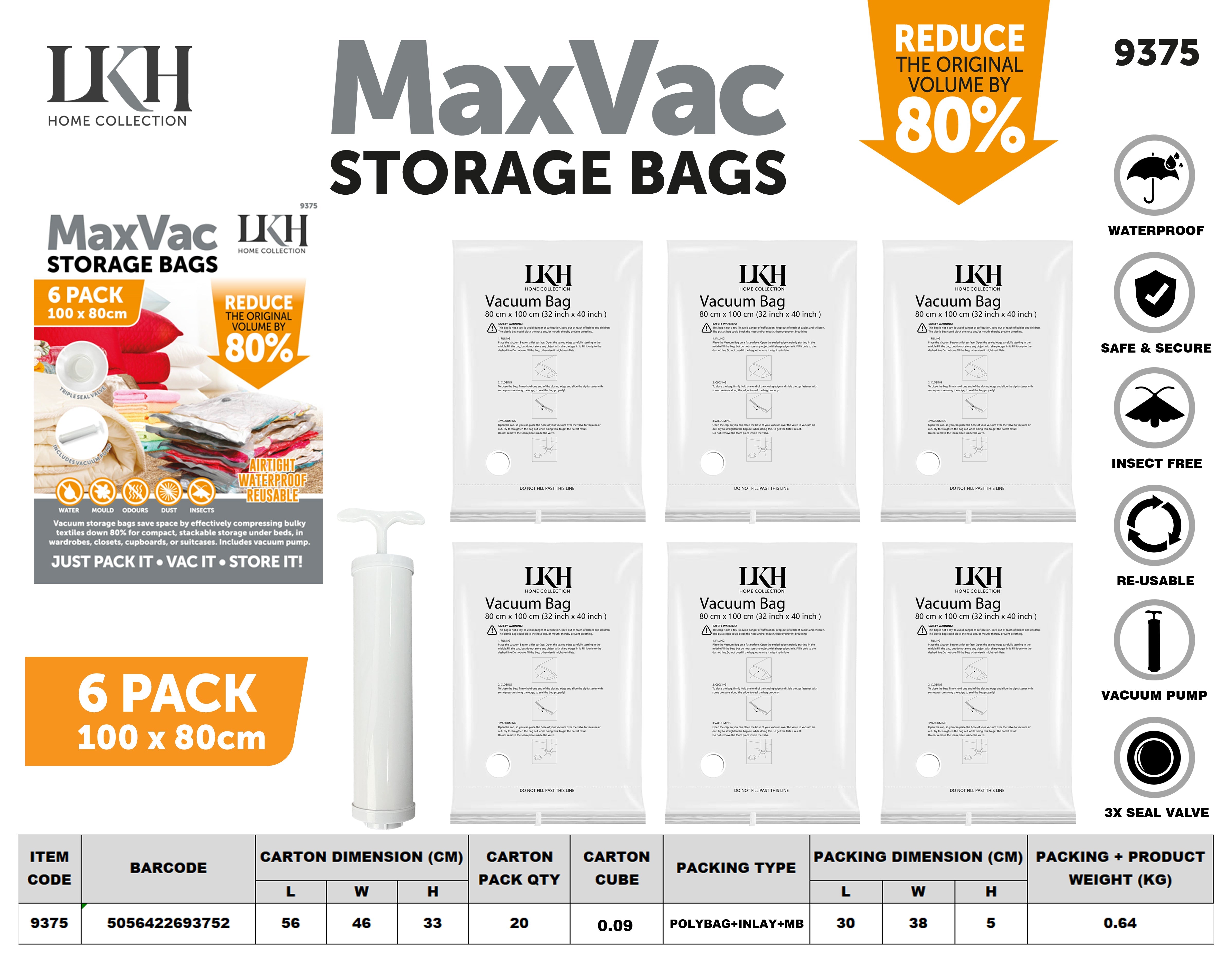 100*80cm 6PK Vacuum Bag with Hand Pump